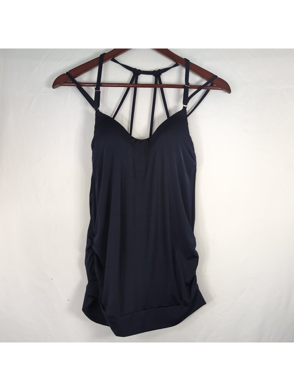 Athleta Aqualuxe Blousy Tankini Top Strappy Back Ruched Swim Shirt Women XS Blue